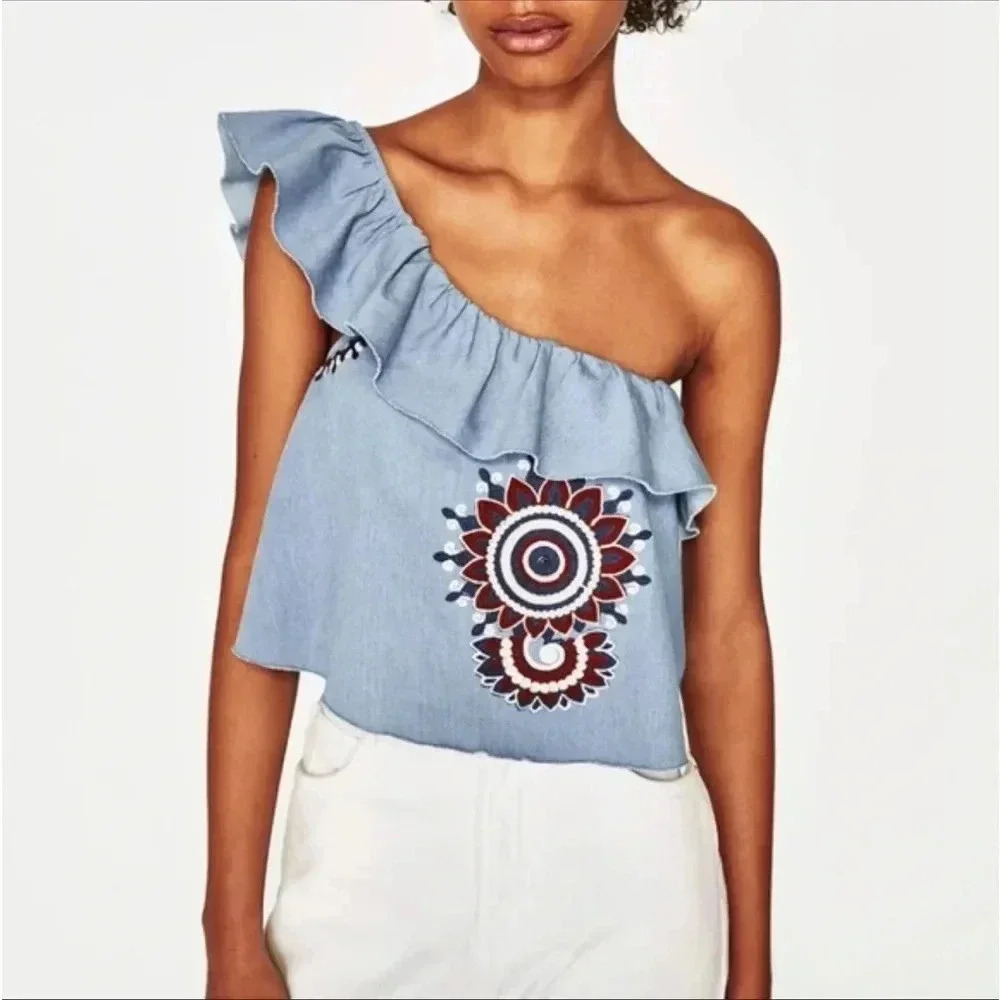 Zara chambray frill‎ embroidered one shoulder top size XS